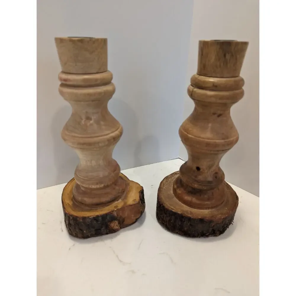 Candlesticks Natural Wooden Carved Boho Mid Century Modern Decor